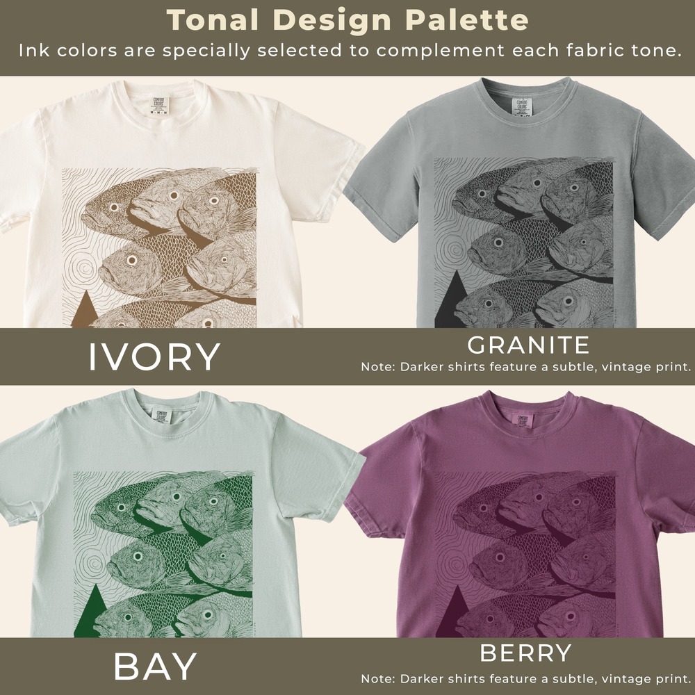 Fish Heads Intricate Line Art Graphic Tee Navy Water Design - Picture 6 of 6